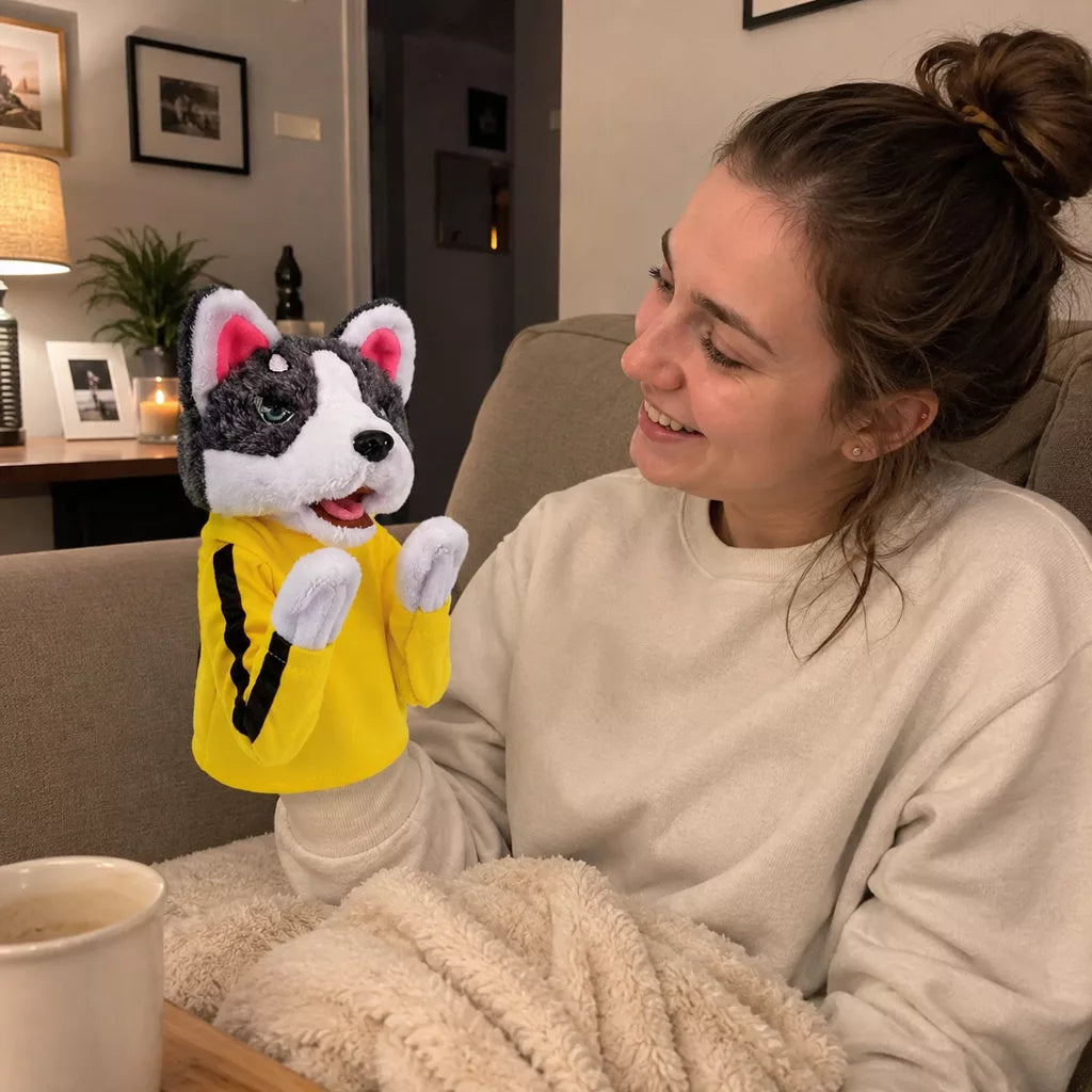A woman on the sofa laughing at the husky puppet on her hand
