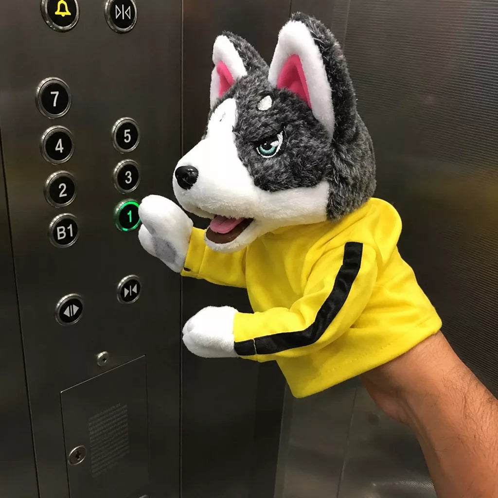 The husky puppet pressing elevator buttons with its glove